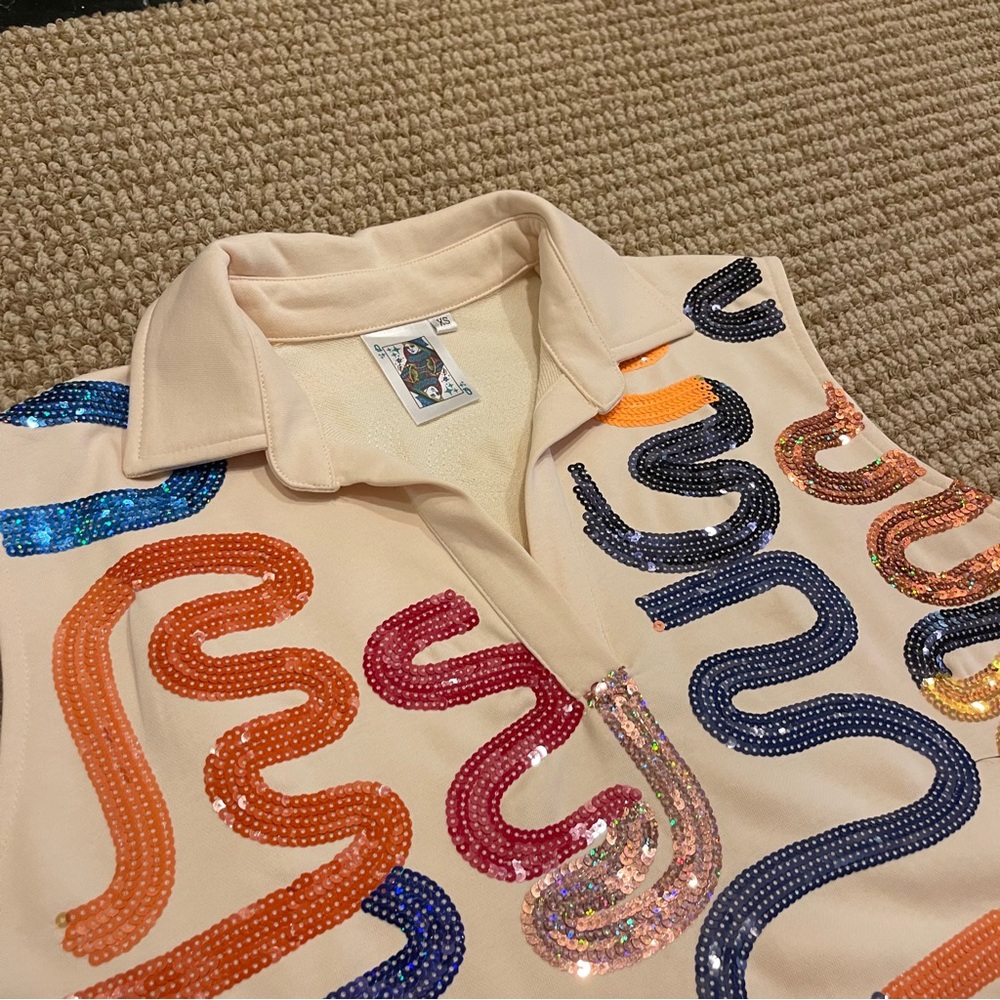 Queen of Sparkles Navy and Orange Squiggle Sequin Set XS - Picture 5 of 11